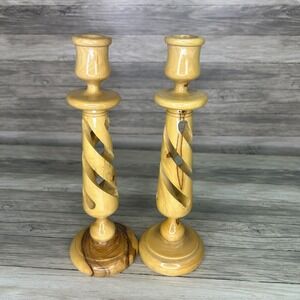 Bethlehem Candle Stick Holders Hand Carved Olive Wood Spiral Pair 2 Set Israel